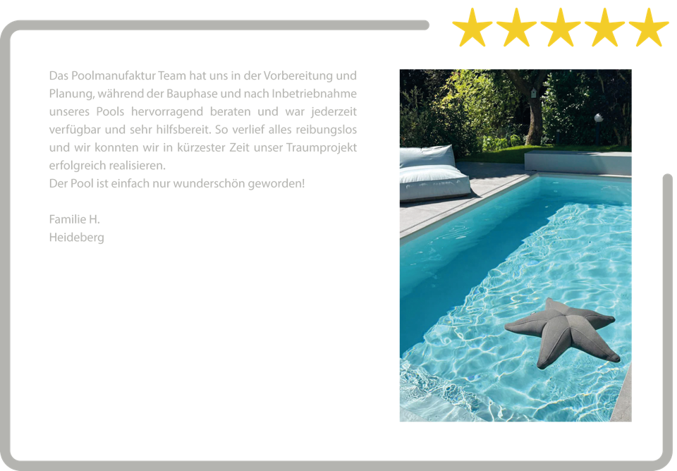 Ein rechteckiger Pool mit einem aufblasbaren Seestern, umgeben von grüner Vegetation, daneben ein Textblock und fünf gelbe Sterne.