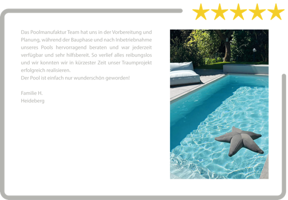 Ein Bild mit einem rechteckigen Pool, in dem ein grauer Seestern schwimmt, daneben ein Textabschnitt und fünf gelbe Sterne oben rechts.